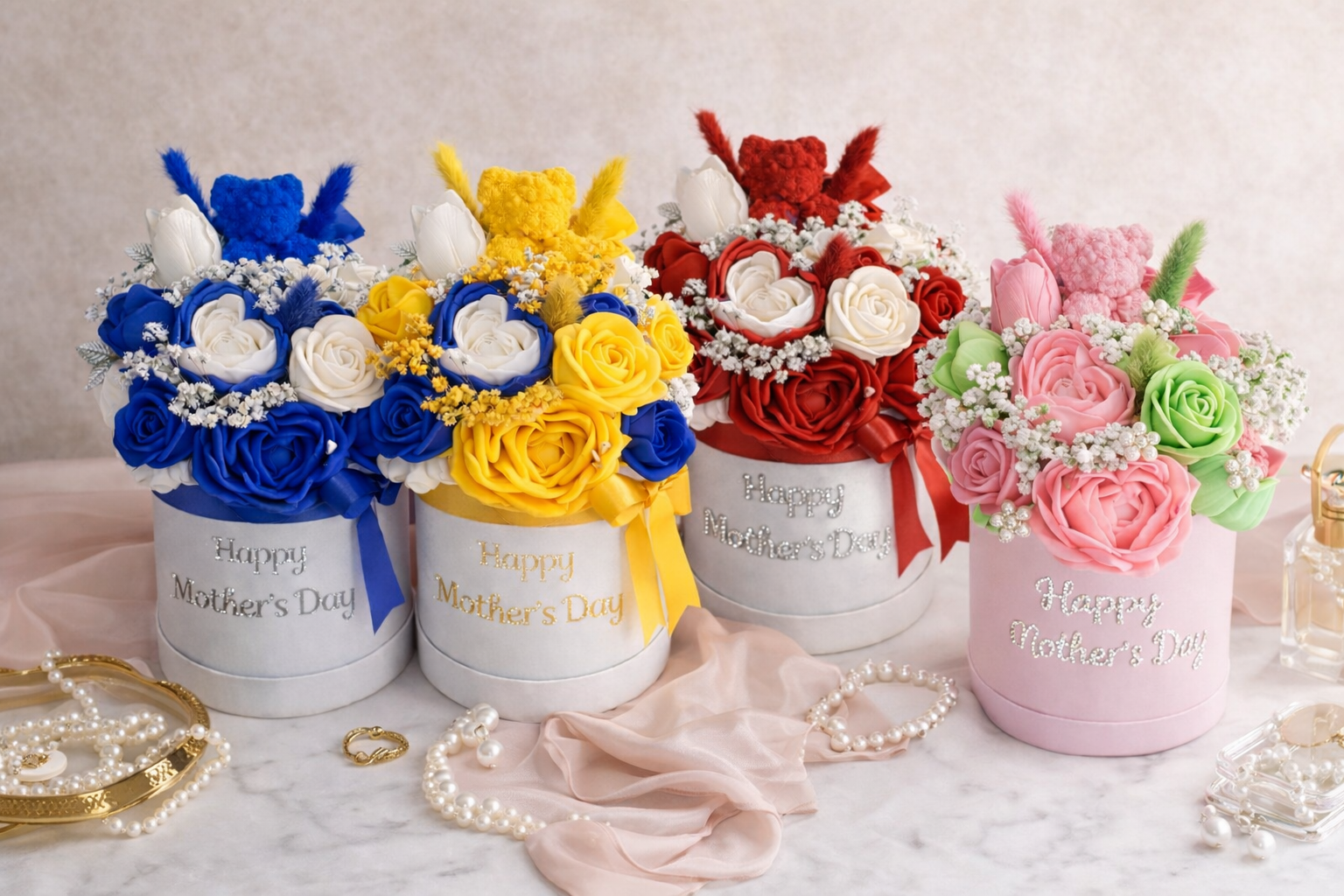 Sorority inspired candle bouquet by Soleil Candle Collections featuring multiple candles arranged with decorative elements.